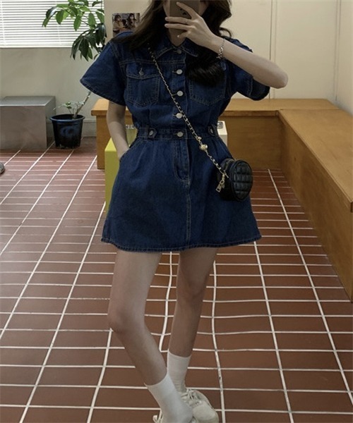 FREE STYLISTS（フリー スタイリスト）の「レディース デニムワンピース（ワンピース・レディース・ネイビー/サックスブルー/ピンク/ベージュ・S/M/L）」の13枚目の写真