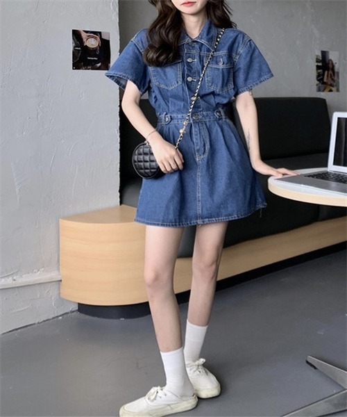 FREE STYLISTS（フリー スタイリスト）の「レディース デニムワンピース（ワンピース・レディース・ネイビー/サックスブルー/ピンク/ベージュ・S/M/L）」の12枚目の写真