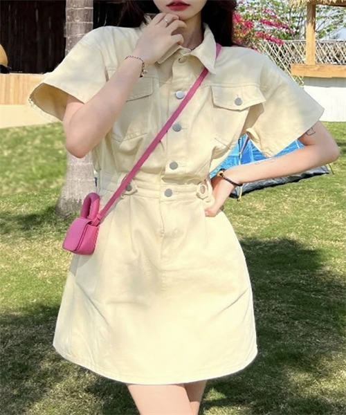 FREE STYLISTS（フリー スタイリスト）の「レディース デニムワンピース（ワンピース・レディース・ネイビー/サックスブルー/ピンク/ベージュ・S/M/L）」の6枚目の写真