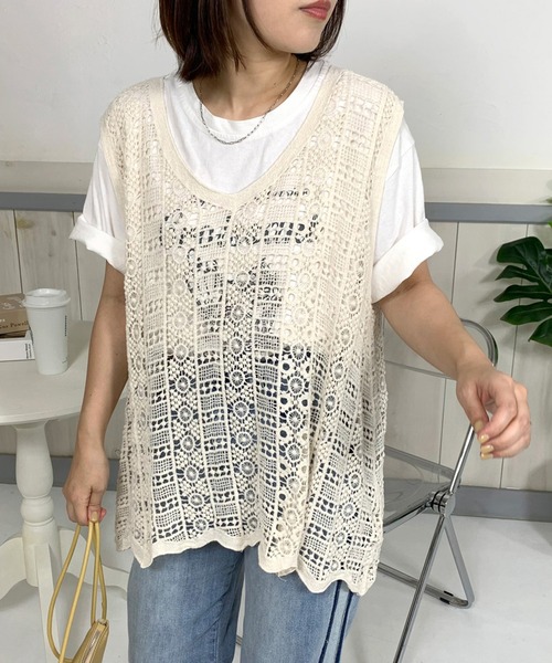 CRB(シーアールビー)の「クロシェ編ノースリタンクチュニック(ベスト・レディース・アイボリー/ブラック・F)」の2枚目の写真