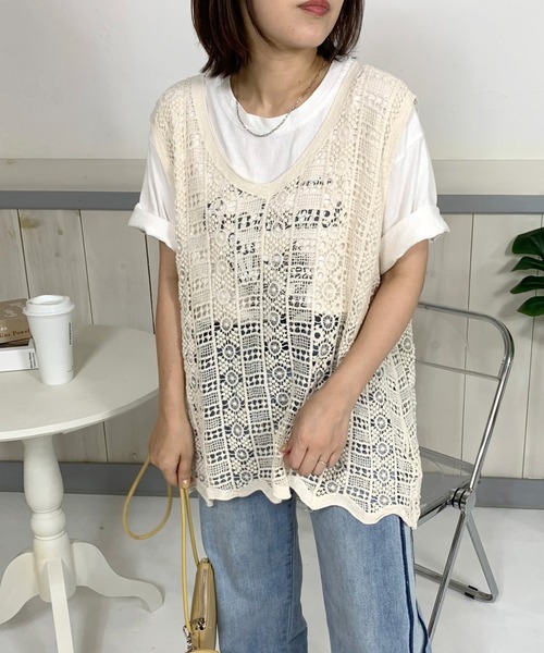 CRB(シーアールビー)の「クロシェ編ノースリタンクチュニック(ベスト・レディース・アイボリー/ブラック・F)」の17枚目の写真