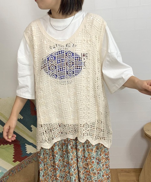 CRB(シーアールビー)の「クロシェ編ノースリタンクチュニック(ベスト・レディース・アイボリー/ブラック・F)」の8枚目の写真