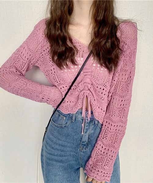 NANEA(ナネア)の「フロントシャーリングシアーニット(ニット/セーター・レディース・イエロー/ベージュ/ピンク/グリーン/ホワイト/ブルー/ブラック/アイボリー・フリー)」の8枚目の写真