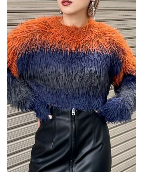 MURUA（ムルーア）の「シャギーボーダーニット（ニット/セーター・レディース・オレンジ/グレー/ネイビー/アイボリー・FREE）」の4枚目の写真