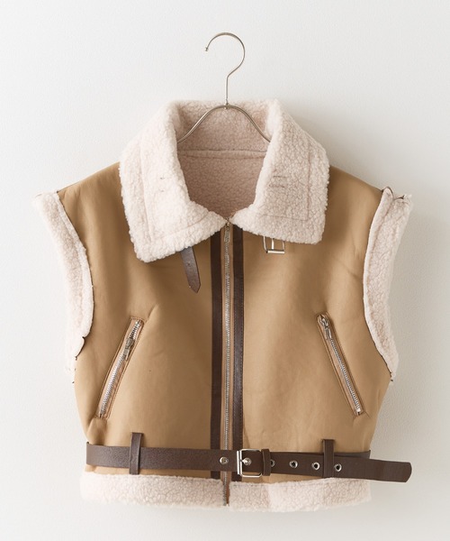 セール】ベルト付き ショート丈ムートンボアベスト（ムートンコート