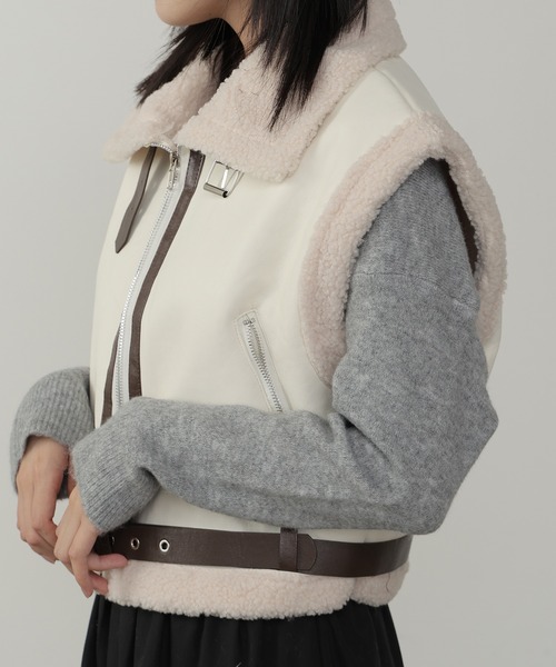 セール】ベルト付き ショート丈ムートンボアベスト（ムートンコート