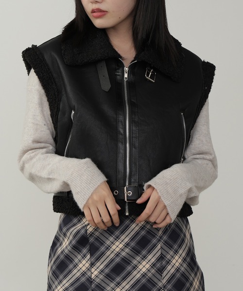 セール】ベルト付き ショート丈ムートンボアベスト（ムートンコート