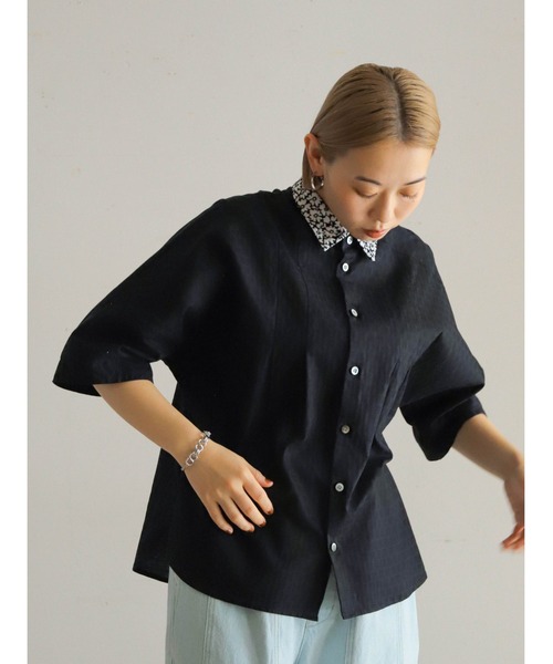 【激安通販 オンラインショップ】日用品 フラワー衿ドビー 6分袖ブラウス（シャツ/ブラウス）｜FIL DE トップス