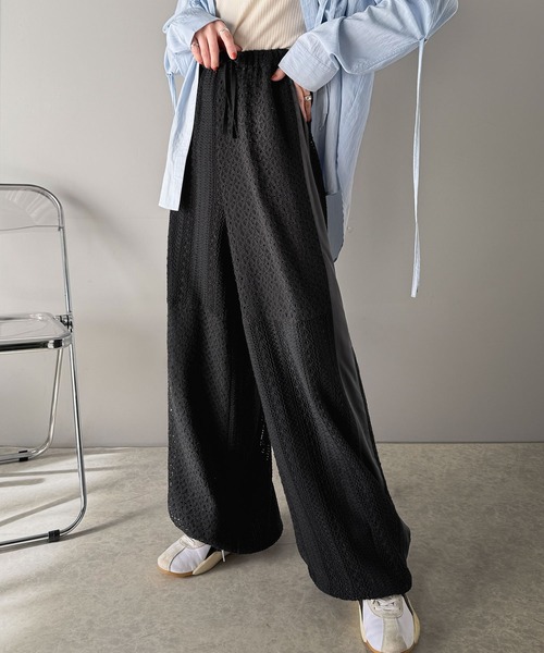 ELFSACK パンツ レース 切り替え ストレート ゆったり セール】大人華やかリラクシー。レース切替パラシュートパンツ