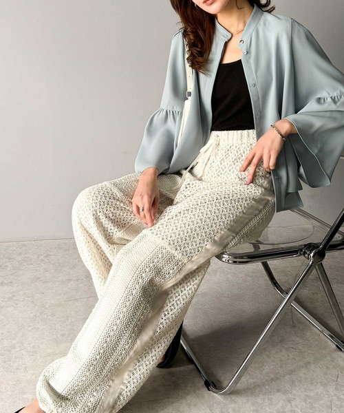 ELFSACK パンツ レース 切り替え ストレート ゆったり セール】大人華やかリラクシー。レース切替パラシュートパンツ