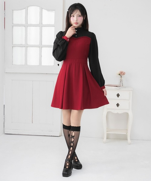 DearMyLoveRose(ディアマイラブローズ)の「フリルスタンドカラービスチェワンピース【大きいサイズ有】(ワンピース・レディース・ボルドー/ホワイト系その他/レッド系その他/ブラック系その他/ホワイト×ブラック/ブラック・SMALL/MEDIUM/LARGE/LL/3L)」の1枚目の写真