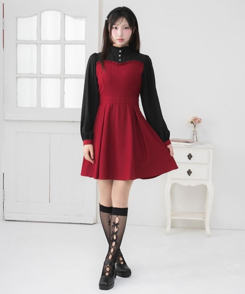 DearMyLoveRose(ディアマイラブローズ)の「フリルスタンドカラービスチェワンピース【大きいサイズ有】(ワンピース・レディース・ボルドー/ホワイト系その他/レッド系その他/ブラック系その他/ホワイト×ブラック/ブラック・SMALL/MEDIUM/LARGE/LL/3L)」の7枚目の写真