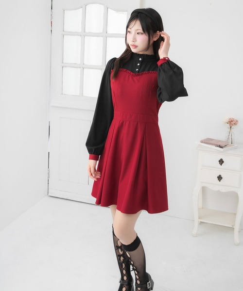 DearMyLoveRose(ディアマイラブローズ)の「フリルスタンドカラービスチェワンピース【大きいサイズ有】(ワンピース・レディース・ボルドー/ホワイト系その他/レッド系その他/ブラック系その他/ホワイト×ブラック/ブラック・SMALL/MEDIUM/LARGE/LL/3L)」の10枚目の写真