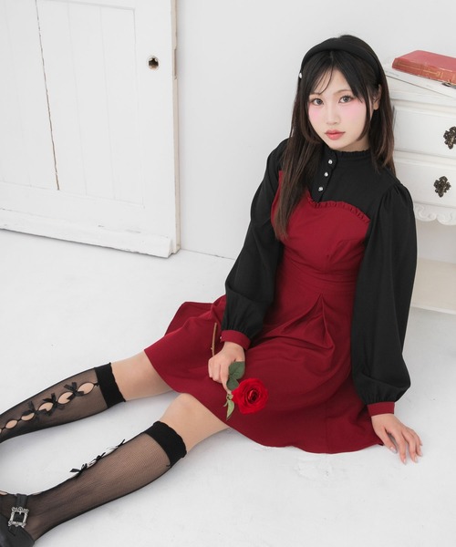 DearMyLoveRose(ディアマイラブローズ)の「フリルスタンドカラービスチェワンピース【大きいサイズ有】(ワンピース・レディース・ボルドー/ホワイト系その他/レッド系その他/ブラック系その他/ホワイト×ブラック/ブラック・SMALL/MEDIUM/LARGE/LL/3L)」の12枚目の写真