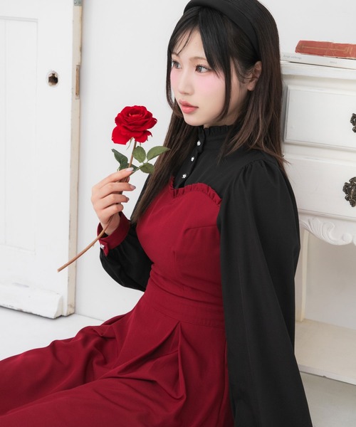 DearMyLoveRose(ディアマイラブローズ)の「フリルスタンドカラービスチェワンピース【大きいサイズ有】(ワンピース・レディース・ボルドー/ホワイト系その他/レッド系その他/ブラック系その他/ホワイト×ブラック/ブラック・SMALL/MEDIUM/LARGE/LL/3L)」の13枚目の写真
