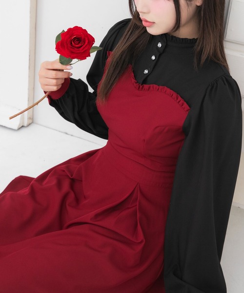 DearMyLoveRose(ディアマイラブローズ)の「フリルスタンドカラービスチェワンピース【大きいサイズ有】(ワンピース・レディース・ボルドー/ホワイト系その他/レッド系その他/ブラック系その他/ホワイト×ブラック/ブラック・SMALL/MEDIUM/LARGE/LL/3L)」の14枚目の写真