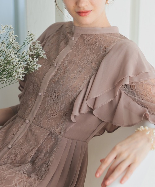 フェミニンフリル7分袖レース オケージョンドレス