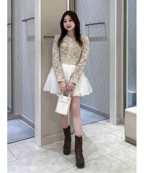 rienda（リエンダ）の「【岡崎紗絵さん着用アイテム】ツイードニットカーディガン 春服（カーディガン/ボレロ・レディース・レッド/ネイビー/ライトベージュ・FREE）」の7枚目の写真