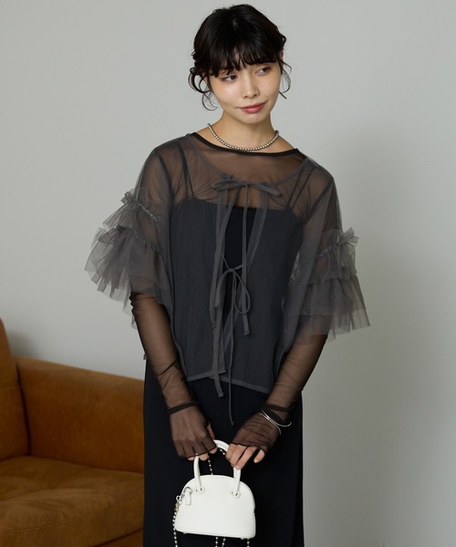 SOTT(ソット)の「Tulle frill tops チュールフリルトップス(Tシャツ/カットソー・レディース・ライトグレー/チャコールグレー・FREE)」の2枚目の写真