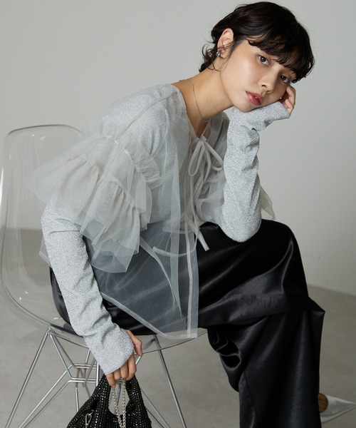 SOTT(ソット)の「Tulle frill tops チュールフリルトップス(Tシャツ/カットソー・レディース・ライトグレー/チャコールグレー・FREE)」の11枚目の写真