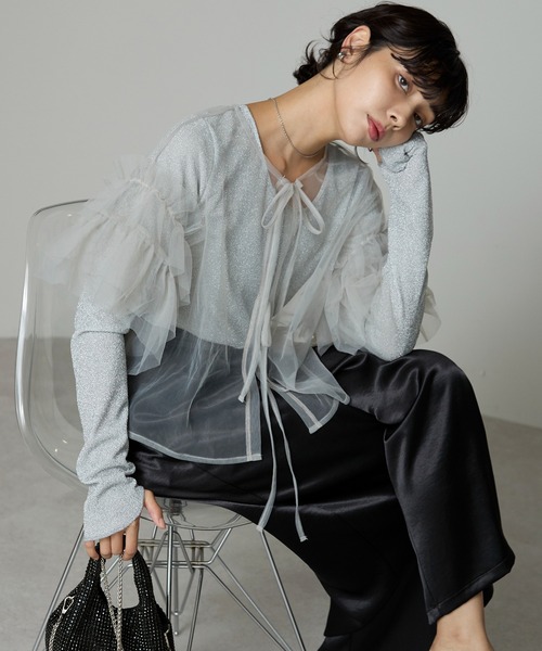 SOTT(ソット)の「Tulle frill tops チュールフリルトップス(Tシャツ/カットソー・レディース・ライトグレー/チャコールグレー・FREE)」の12枚目の写真