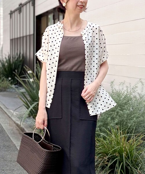 セール】ドットノーカラーオーバーギャザーブラウス（シャツ