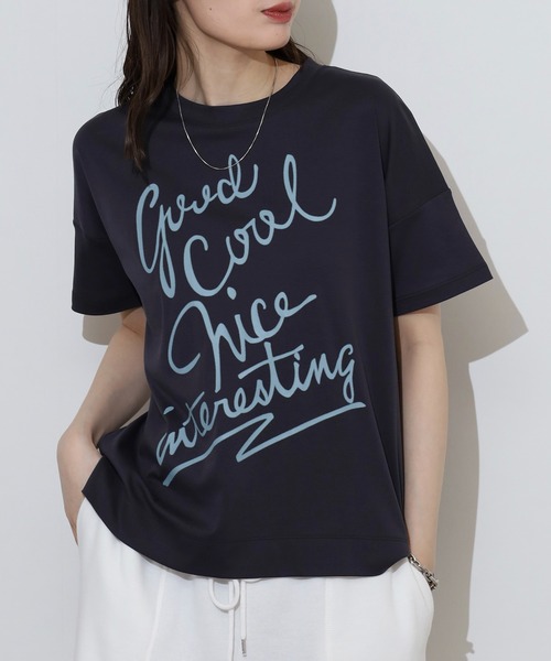 EGLANTINE(エグランティーヌ)の「EGLANTINE でかロゴプリント半袖Tシャツ【日本製】(Tシャツ/カットソー・レディース・ダークグリーン/チャコールグレー/ローズ/レッド/グレイッシュベージュ・40)」の2枚目の写真
