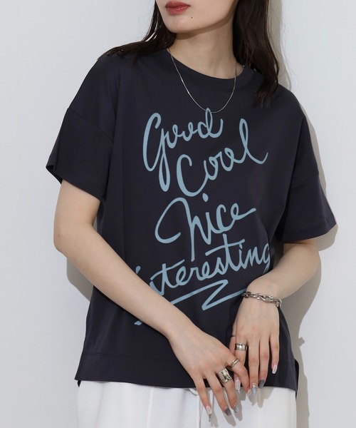 EGLANTINE(エグランティーヌ)の「EGLANTINE でかロゴプリント半袖Tシャツ【日本製】(Tシャツ/カットソー・レディース・ダークグリーン/チャコールグレー/ローズ/レッド/グレイッシュベージュ・40)」の6枚目の写真