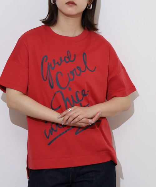 EGLANTINE(エグランティーヌ)の「EGLANTINE でかロゴプリント半袖Tシャツ【日本製】(Tシャツ/カットソー・レディース・ダークグリーン/チャコールグレー/ローズ/レッド/グレイッシュベージュ・40)」の19枚目の写真