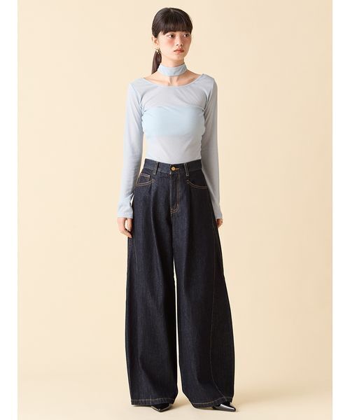 WEB限定00サイズ】サイドラインバギーデニムパンツ（デニム