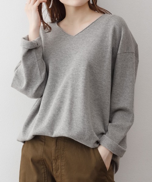 RCD（アールシーディー）の「ワッフルロングスリーブプルオーバー（Tシャツ/カットソー・レディース・杢グレー/ブラック/ネイビー/ホワイト/カーキ/オレンジ/パープル・4L～5L/LL～3L/M-L）」の3枚目の写真