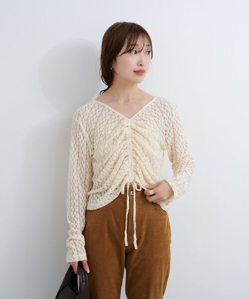 Kastane（カスタネ）の「B ギャザーレースカットトップス（Tシャツ/カットソー・レディース・ブラック/アイボリー/ブラウン・FREE）」の5枚目の写真