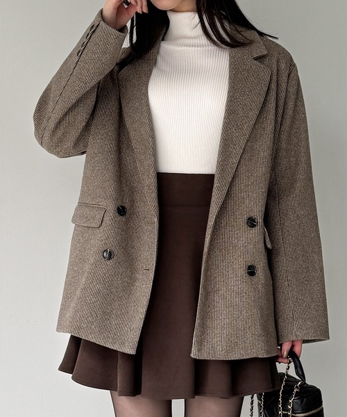 JUNOAH(ジュノア)の「チェック柄ジャケットコート(テーラードジャケット・レディース・ブラウン/ベージュ/チャコール・LARGE/MEDIUM/SMALL)」の1枚目の写真