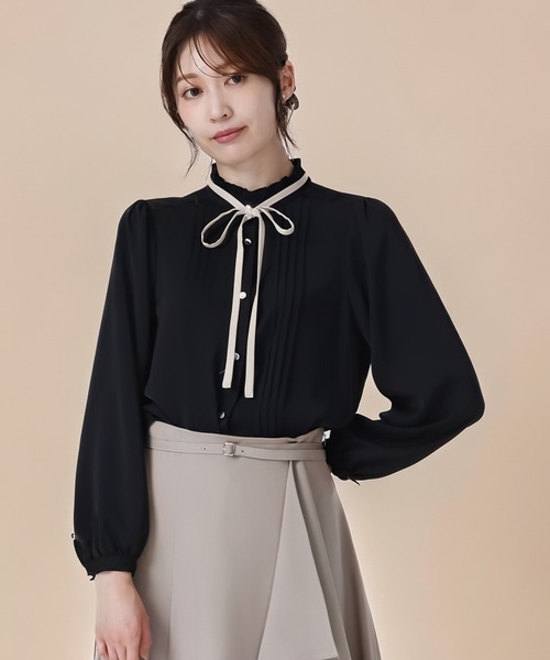 セール】2025秋冬新作 ピンタック配色リボンブラウス（シャツ/ブラウス