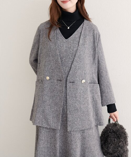 natural couture（ナチュラルクチュール）の「【WEB限定】ノーカラージャケット（ノーカラージャケット・レディース・ブラック/ブラウン/グレー/オフホワイト・FREE）」の9枚目の写真