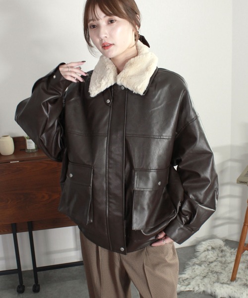 2wayオーバーエコレザーブルゾン / 合皮 フェイクレザー ティペット