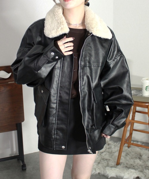 セール】2wayオーバーエコレザーブルゾン / 合皮 フェイクレザー ティ