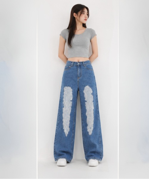 I.O.E(アイオイ)の「シースルーワイドパンツ(デニムパンツ・レディース・ブルー・L/M/S)」の1枚目の写真