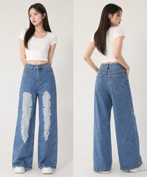 I.O.E(アイオイ)の「シースルーワイドパンツ(デニムパンツ・レディース・ブルー・L/M/S)」の2枚目の写真
