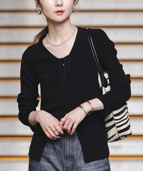 【NOBLE】レースアップリブニット　ブラック ノーブル NOBLE レースアップリブニット （ブラック） - ファッション