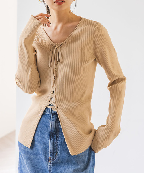 Noble（ノーブル）の「《WEB限定追加》レースアップリブニット（ニット/セーター・レディース・ブラック/ベージュ・FREE）」の20枚目の写真