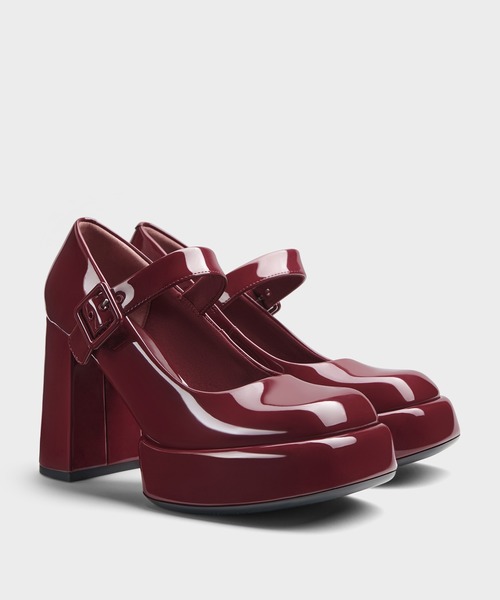 パテント ブロックヒールプラットフォームメリージェーンパンプス
