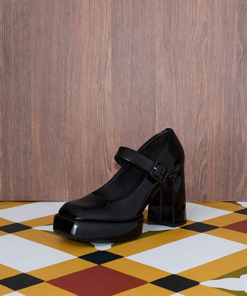 パテント ブロックヒールプラットフォームメリージェーンパンプス