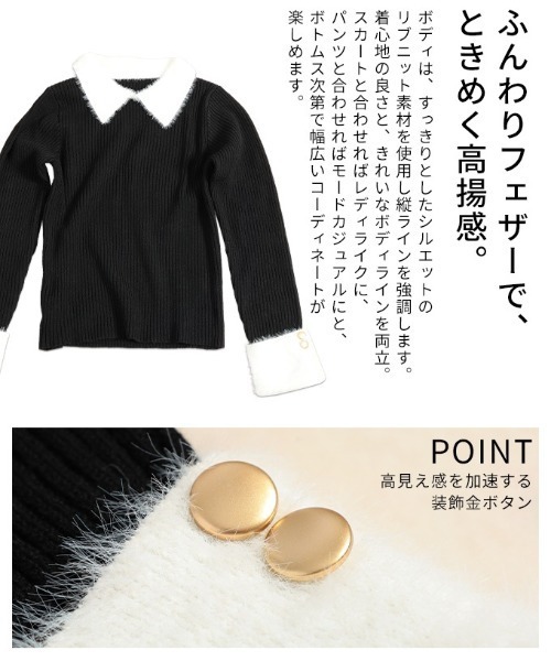 Sawa a la mode(サワアラモード)の「フェザー切替リブニットポロトップス(ポロシャツ・レディース・ブラック・FREE)」の6枚目の写真