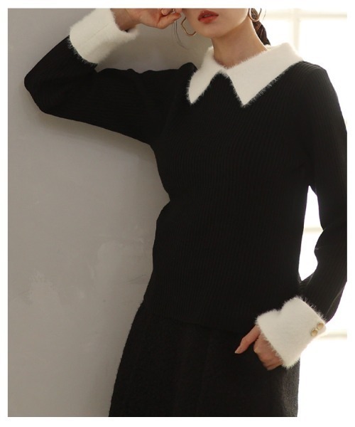 Sawa a la mode(サワアラモード)の「フェザー切替リブニットポロトップス(ポロシャツ・レディース・ブラック・FREE)」の12枚目の写真