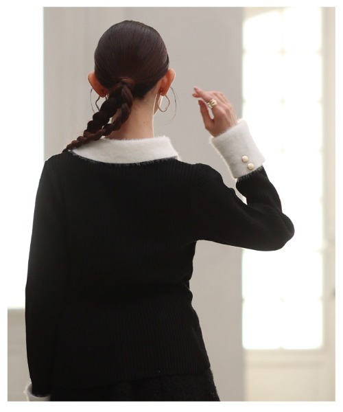 Sawa a la mode(サワアラモード)の「フェザー切替リブニットポロトップス(ポロシャツ・レディース・ブラック・FREE)」の13枚目の写真