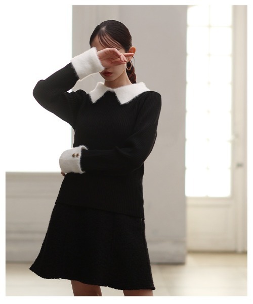 Sawa a la mode(サワアラモード)の「フェザー切替リブニットポロトップス(ポロシャツ・レディース・ブラック・FREE)」の16枚目の写真