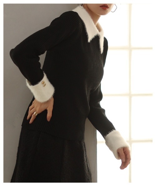 Sawa a la mode(サワアラモード)の「フェザー切替リブニットポロトップス(ポロシャツ・レディース・ブラック・FREE)」の18枚目の写真
