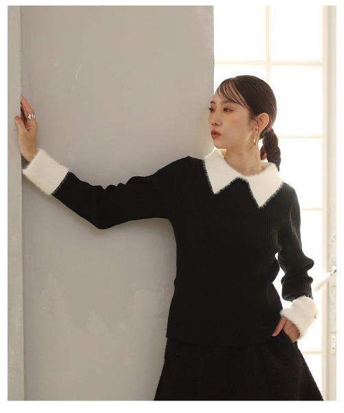 Sawa a la mode(サワアラモード)の「フェザー切替リブニットポロトップス(ポロシャツ・レディース・ブラック・FREE)」の22枚目の写真