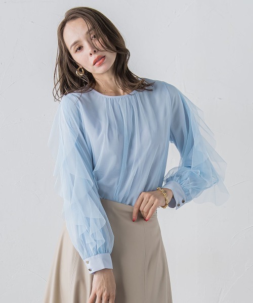 Viaggio Blu(ビアッジョブルー)の「チュールレイヤードブラウス≪洗濯機で洗える≫(シャツ/ブラウス・レディース・ブラック/ライトブルー/オフホワイト・M)」の3枚目の写真